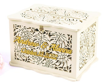 Tropical Wedding Card Box Monstera Leaves, Palm Leaf, With Lock, Wedding Envelopes, Well Wishes Card Holder, Money Box With Slot
