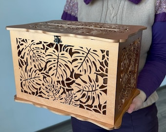 Beach Wedding Card Box Tropical Monstera Leaves, Money Box With Lock, Hawaii Wedding Envelopes, Well Wishes Card Holder