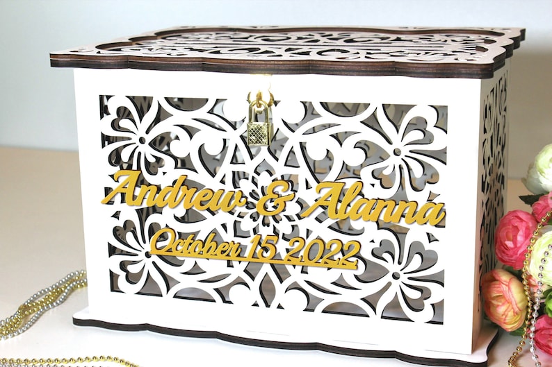 WEDDING MONEY BOX, Wedding Card Box With Lock, Wedding Card Holder, Wedding Gift Card Box, Wooden Money Box, Wedding Keepsake Box image 4