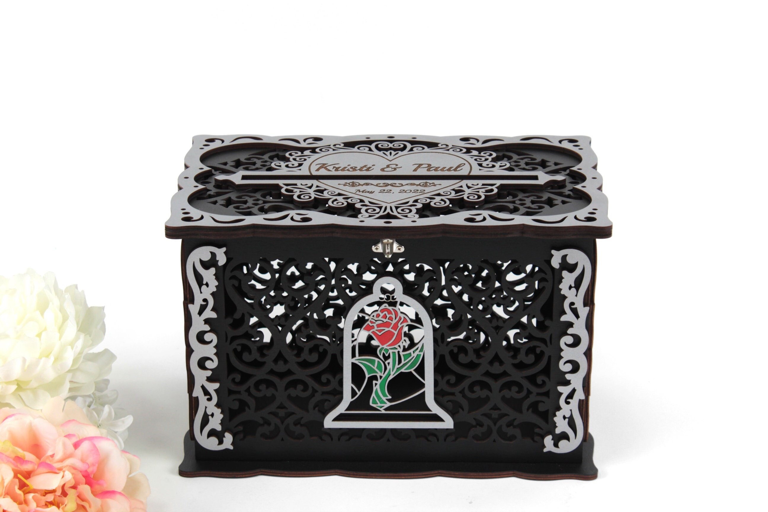 Beauty Beast Wedding Card Box with Lock Rose in a Glass Wood Card Holder Monetary Gifts Wedding Reception Fairy Tale Themed