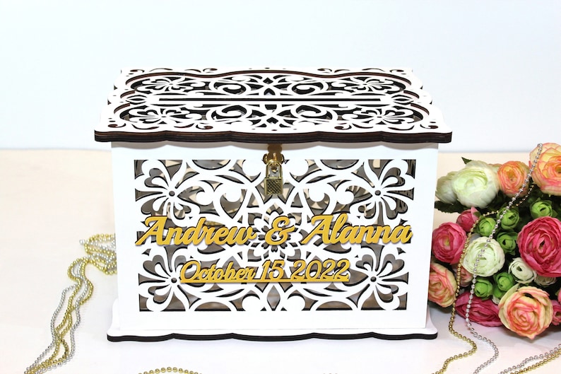 WEDDING MONEY BOX, Wedding Card Box With Lock, Wedding Card Holder, Wedding Gift Card Box, Wooden Money Box, Wedding Keepsake Box image 2