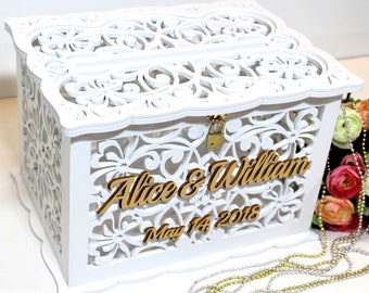 Personalized Wedding Card Box With Lock, Wedding Money Box With Slot, Wedding Wishing Well Card Holder, Wedding Post