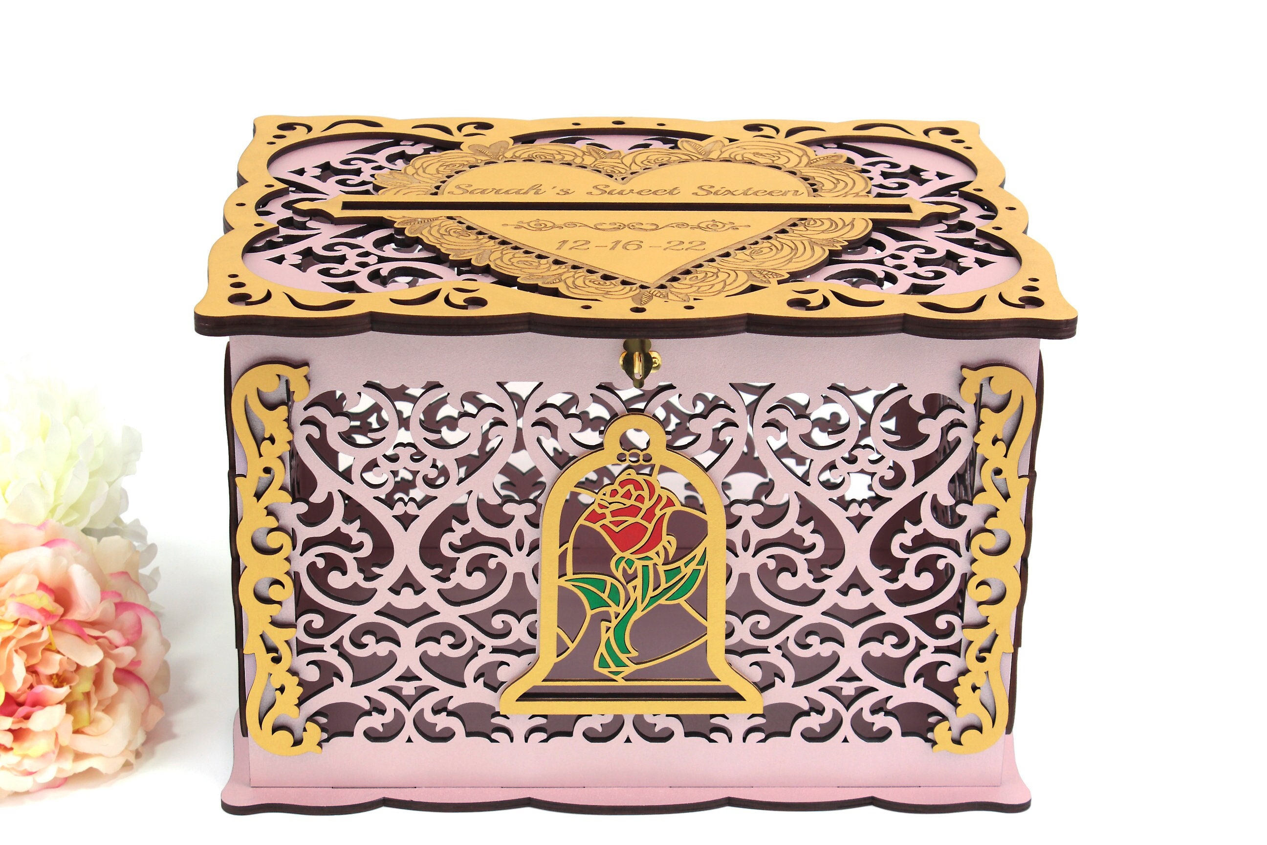 Sweet Sixteen Card Box Wedding Card Box with Lock Beauty Beast Enchanted Rose Wedding Post Wishes Well Money Envelopes