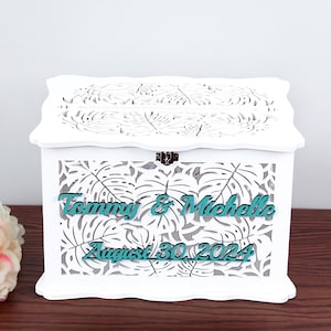 Hawaiian Wedding Card Box, Personalized Beach Wedding Envelope Holder with Lock, Monstera Leaves Money Box, Well Wishes Wedding Gift