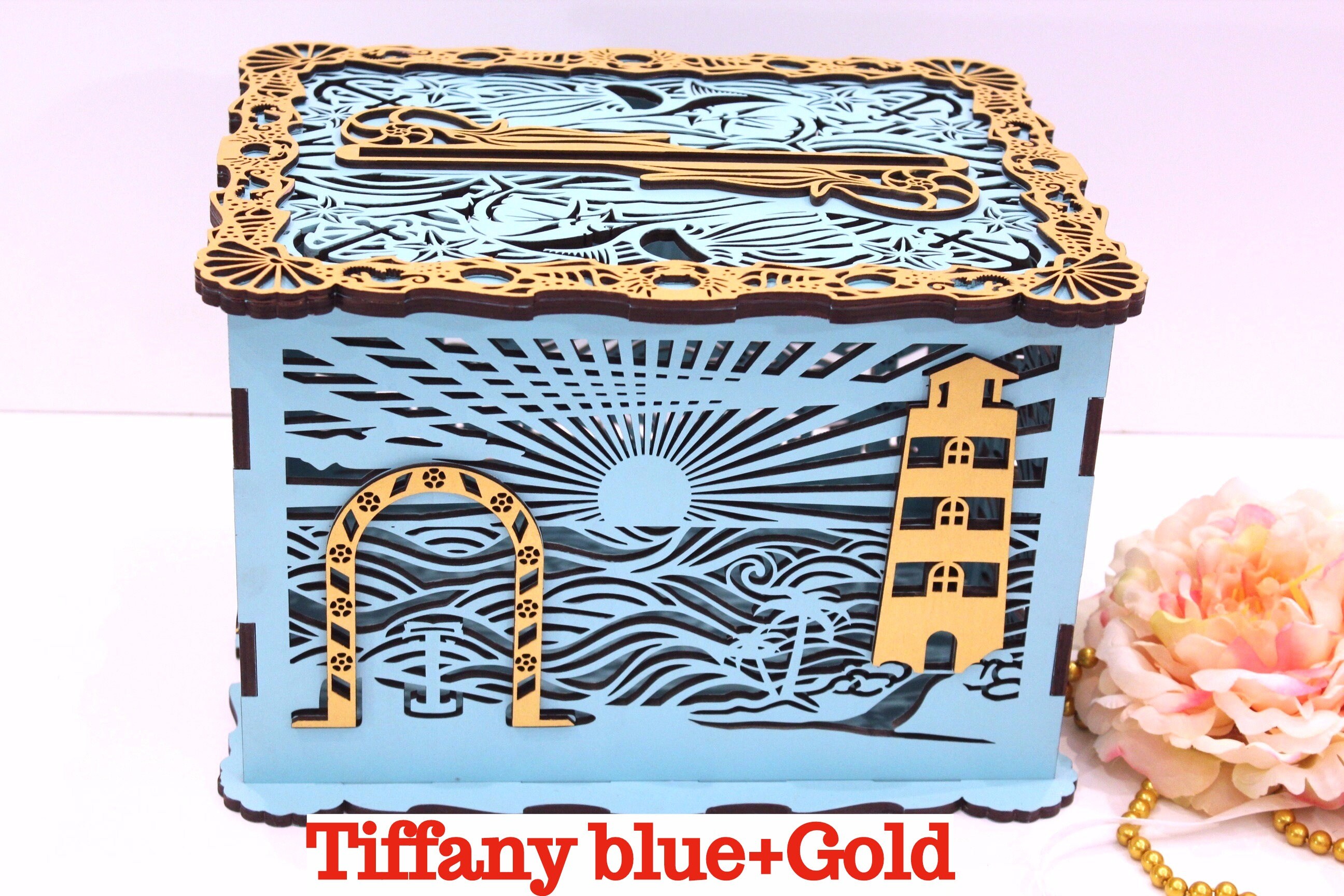 Marine Tropical Beach Wedding Card Box With Lock And Slot Nautical Wedding Money Box