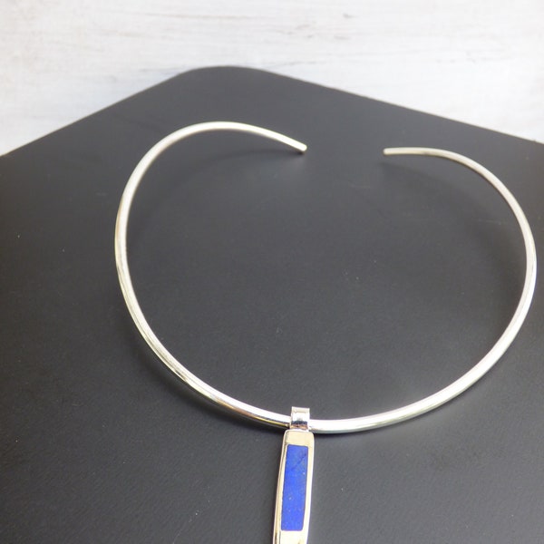 Collier argent avec pendentif rectangle lapis-lazuli ou bois