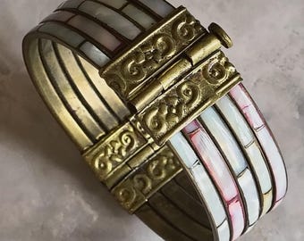 Beatles Era Vintage Mother of Pearl Brass India Hinged Wide Boho Cuff Bracelet