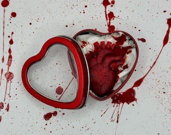 Può includere: Una scatola di metallo rossa a forma di cuore con coperchio trasparente, contenente un modello anatomico di cuore realistico adagiato su tessuto bianco. L'esterno della scatola e l'area circostante sono decorati con schizzi di vernice rossa.