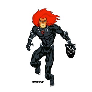 May include: A cartoon illustration of a superhero with red hair and a black suit. The superhero is holding a black panther head in their right hand. The superhero is running forward with their left leg forward.