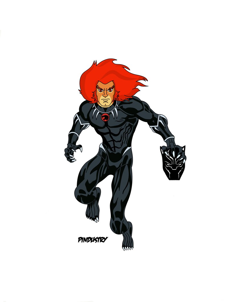 May include: A cartoon illustration of a superhero with red hair and a black suit. The superhero is holding a black panther head in their right hand. The superhero is running forward with their left leg forward.