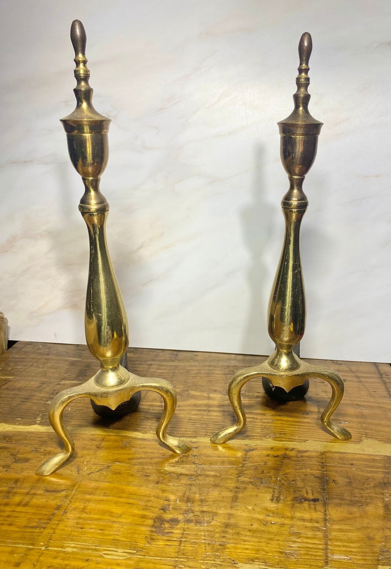 Vintage Brass & Cast Iron Fireplace Andirons 18.5 Tall Gold Tall Ornate