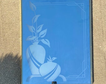 Vintage Mirror Frosted Etched Leaf Vase MCM Picture Gold Wall Hanging 28x22”