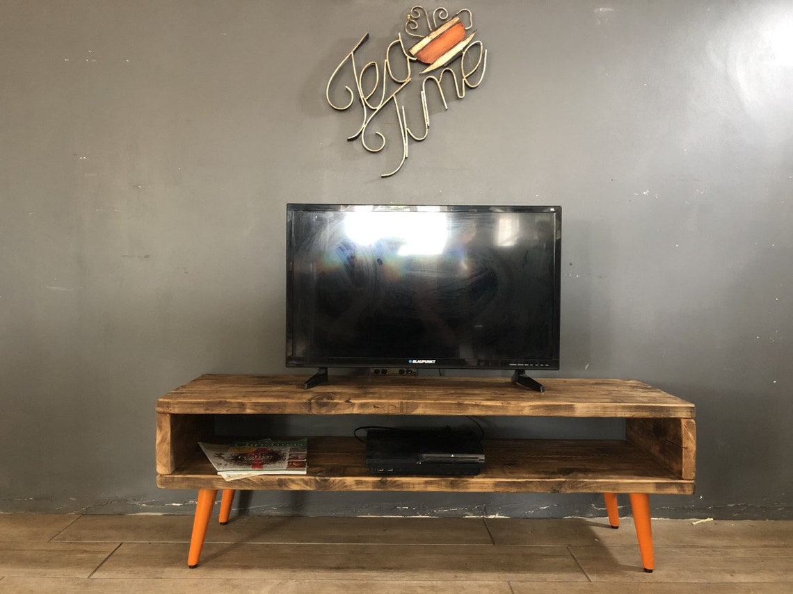 Reclaimed Wood TV 43cm High / Burnt Orange Legs Etsy