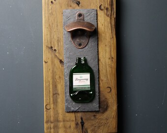 Miniature Upcycled Tanqueray Bottle Opener on Reclaimed Wood