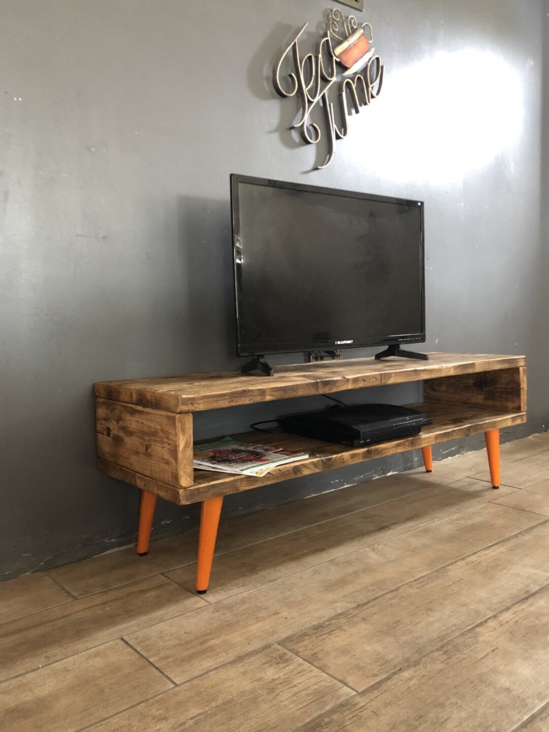 Burnt wood tv stand deals
