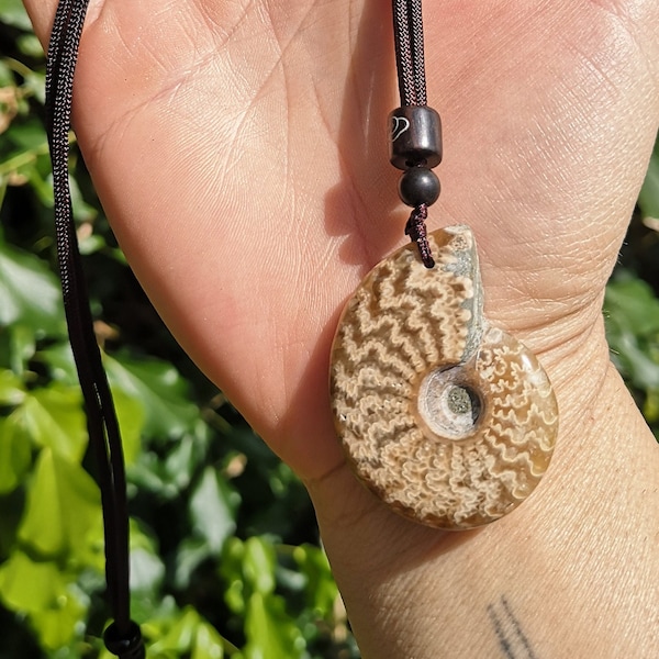 Ammonite Fossil Pendant Necklace  - Adjustable Corded Necklace Ammonite Fossil Shell- Protection, Release Trauma, Stability