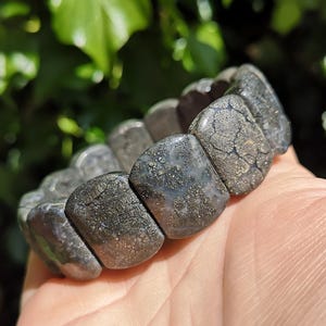 Pyrite in Agate Bead Bracelet 20mm - Marcasite Soft Bangle  - Fools Gold Stretch Bangle - The Magic Realm Crystal Bracelet - Crystal Cuff