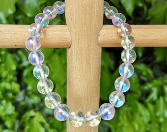 Angel Aura Quartz Crystal Bracelet - Aura Quartz 8mm Bead Bracelet - Blue, Pink & Peach Gold Rainbow Angel Aura Bead Bracelet