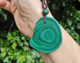 Malachite Necklace - Malachite Slice Necklace Adjustable - Genuine Malachite Talisman - Natural Chunky Malachite Pendant on Adjustable Cord