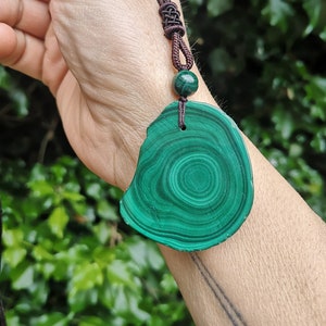 Malachite Pendant - Malachite Slice & Bead Necklace - Genuine Malachite Necklace Adjustable Length - Natural Chunky Malachite Pendant