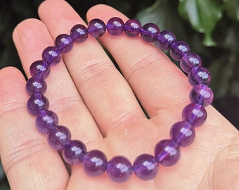 Purple Amethyst Bracelet - Amethyst Crystal 8mm Bead Bracelet - Amethyst Gem Stretch Bracelet Purple Amethyst - 7- 71/4 inch wrist size