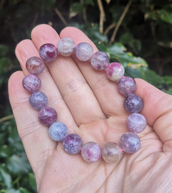 Unicorn Stone Bracelet - Rare Pegmatite Bead Bracelet 11mm - Pink Tourmaline, Lepidolite, Smokey Quartz & Cleavelandite Combi 7-7 1/4 inch