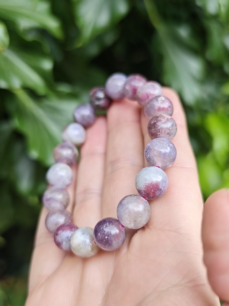 Unicorn Stone Large Bead Bracelet - Pegmatite 11mm Bead Bracelet - Pink Tourmaline, Lepidolite, Smokey Quartz Combi Bracelet 7-7 1/4 inch zdjęcie 1