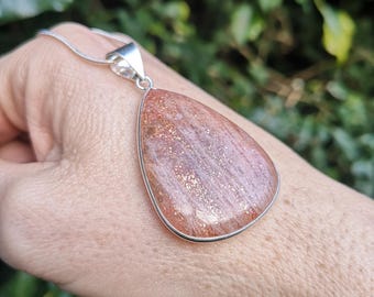 Sunstone Pendant With 925 Silver Chain - High Quality Sunstone in Silver Necklace - Tear Drop Sparkly Sunstone + 925 Silver Necklace