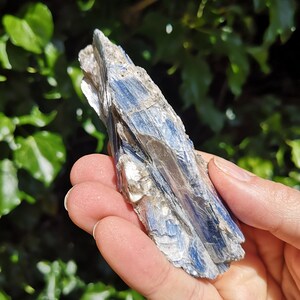 K&ouml;nnte beinhalten: Ein blauer und silberner Kyanit-Kristall mit einer rauen, nat&uuml;rlichen Textur. Der Kristall wird in einer Hand gehalten und zeigt seine einzigartige Form und seinen Schimmer.