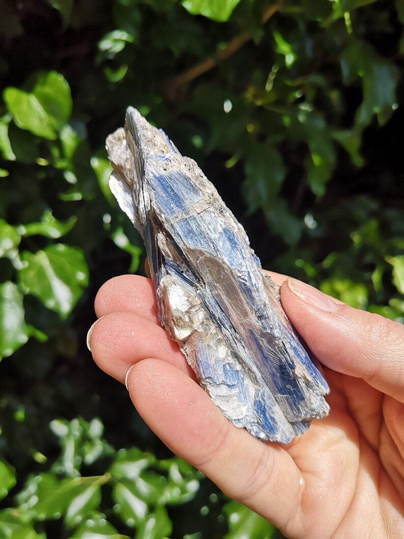 K&ouml;nnte beinhalten: Ein blauer und silberner Kyanit-Kristall mit einer rauen, nat&uuml;rlichen Textur. Der Kristall wird in einer Hand gehalten und zeigt seine einzigartige Form und seinen Schimmer.