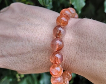 Fire Quartz Crystal Bead Bracelet - Hematoid Quartz 12mm Bead Bracelet - Grounding Hematoid Gemstone Bracelet - Bright Orange -7 1/2 - 8inch