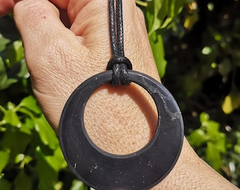 Karelia Shungite Necklace 50mm - Karelian Shungite Double Circle Necklace - Shungite Circle in Circle Pendant on Cotton Cord - EMF Necklace