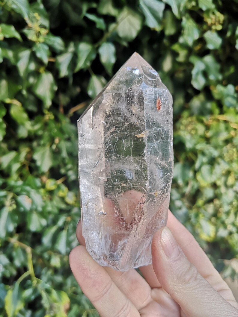 May include: A clear quartz crystal point with a natural, raw finish. The crystal is approximately 12.5 cm tall and has a hexagonal shape. The point is held in a hand, with a green leafy background.