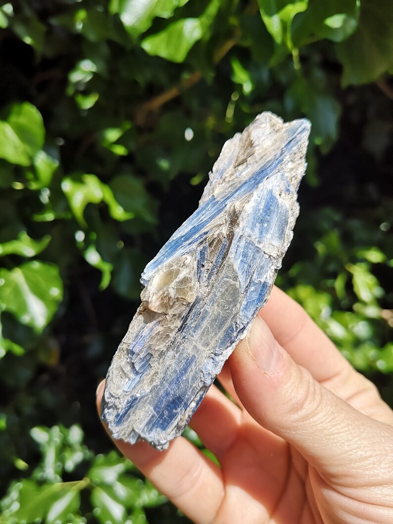 K&ouml;nnte beinhalten: Ein blauer Kyanit-Kristall mit silbernem Schimmer. Der Kristall ist rau und hat ein nat&uuml;rliches, rohes Aussehen.