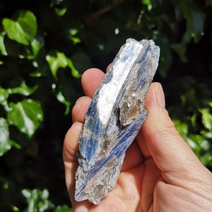 K&ouml;nnte beinhalten: Ein blauer Kyanit-Kristall mit silbernem Schimmer. Der Kristall ist rau und hat ein nat&uuml;rliches, rohes Aussehen.