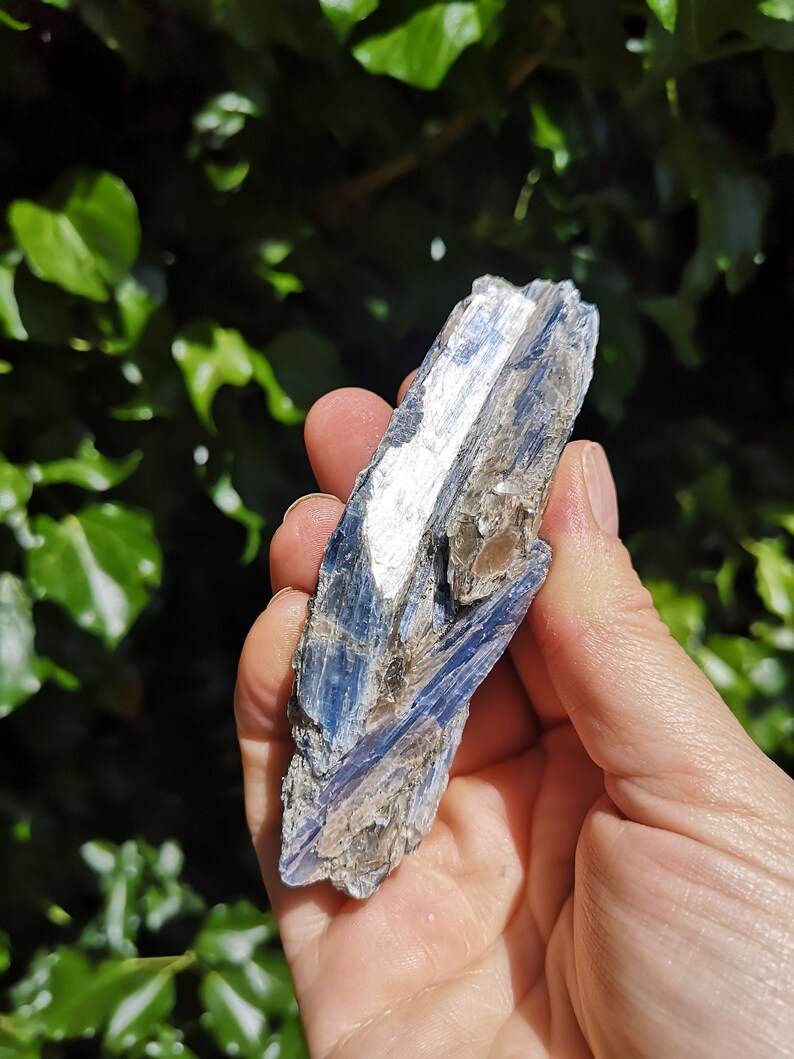K&ouml;nnte beinhalten: Ein blauer Kyanit-Kristall mit silbernem Schimmer. Der Kristall ist rau und hat ein nat&uuml;rliches, rohes Aussehen.