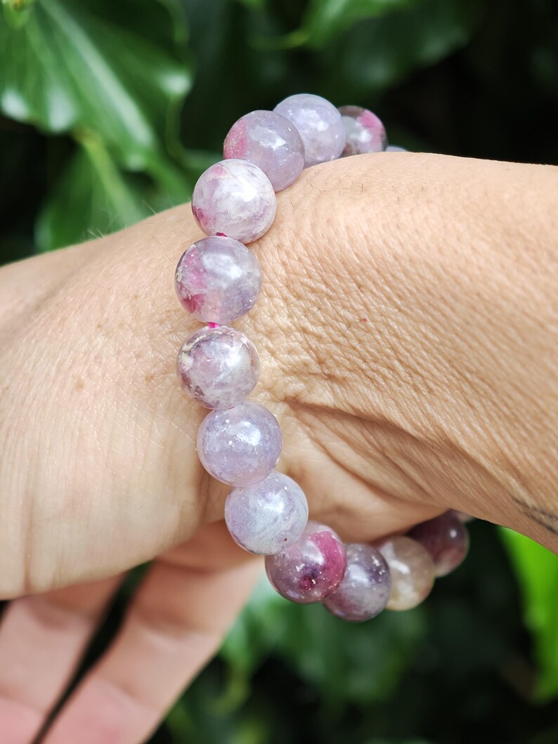 Unicorn Stone Large Bead Bracelet - Pegmatite 11mm Bead Bracelet - Pink Tourmaline, Lepidolite, Smokey Quartz Combi Bracelet 7-7 1/4 inch zdjęcie 12