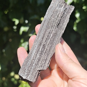 May include: A rectangular piece of petrified wood with a dark charcoal grey colour and a rough, fibrous texture. The surface displays distinct vertical grain patterns and mineralised layers that run the length of the specimen, showing a matte finish.