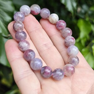 Unicorn Stone Large Bead Bracelet - Pegmatite 11mm Bead Bracelet - Pink Tourmaline, Lepidolite, Smokey Quartz Combi Bracelet 7-7 1/4 inch zdjęcie 8