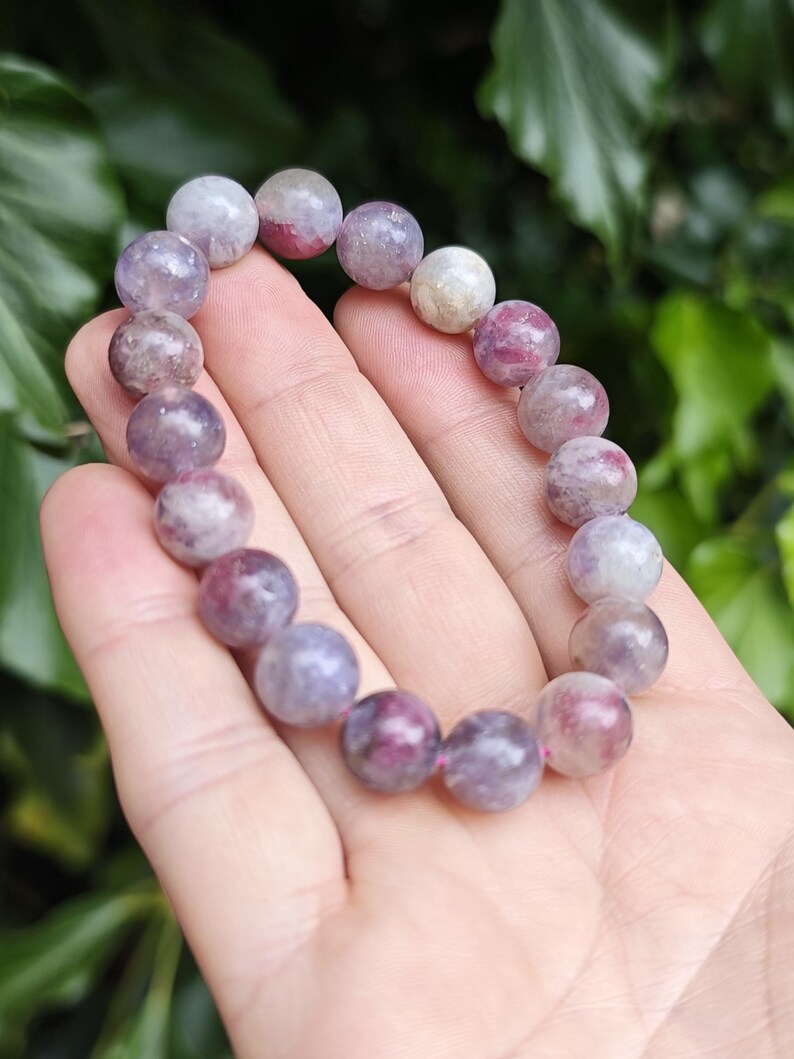 Unicorn Stone Large Bead Bracelet - Pegmatite 11mm Bead Bracelet - Pink Tourmaline, Lepidolite, Smokey Quartz Combi Bracelet 7-7 1/4 inch zdjęcie 8