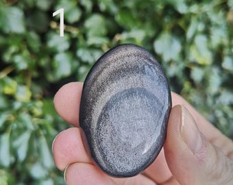Silver Sheen Obsidian Palm Stone - Silver Obsidian Crystal Palm Stone 50-53mm over 2 inch - Silver Shimmer Obsidian Pocket Gemstone
