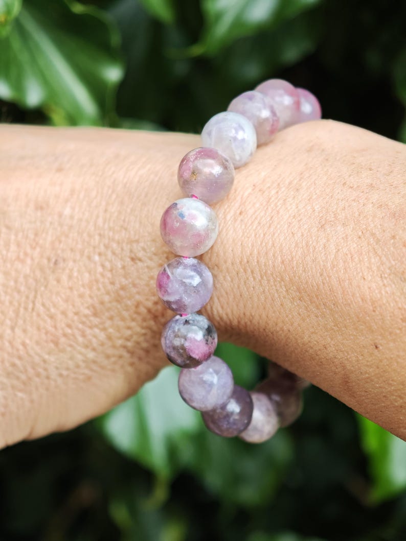 Unicorn Stone Large Bead Bracelet - Pegmatite 11mm Bead Bracelet - Pink Tourmaline, Lepidolite, Smokey Quartz Combi Bracelet 7-7 1/4 inch zdjęcie 2