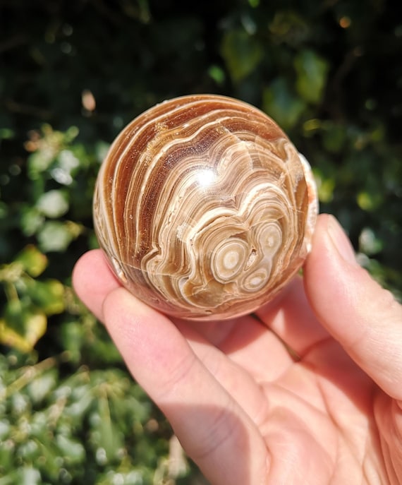 Chocolate Calcite Sphere 243g - 59mm Coffee Calcite Sphere - Brown Calcite Ball With Swirls, Banding and Open Area - Lower Chakra Work