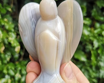 Large Grey Agate Carved Angel - 3 1/4 inch Protection Angel Banded Agate Gemstone - Agate Angel Carving 185g - Gem Angel Gift