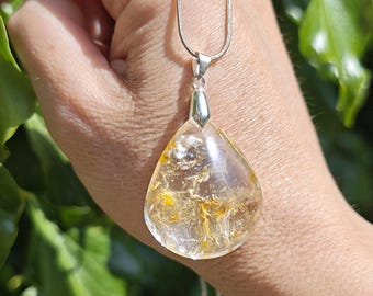 Golden Healer Quartz Necklace - Healer Quartz Pendant with 925 Silver Necklace -  Golden Healer Pendant Silver Snake Chain - High Vibration