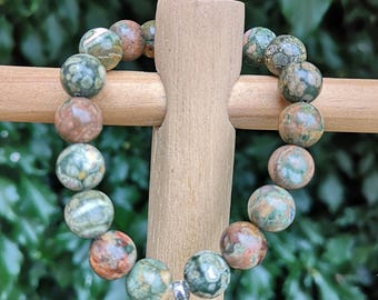 Rainforest Jasper Bracelet - Rhyolite 10mm Bead Bracelet - Handmade Rainforest Jasper 925 Silver Bracelet - Heal Planet & Earth -7 1/2-8 "