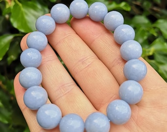 Angelite Crystal 12mm Bead Bracelet - Angelite Large Bead Bracelet - Angel & Spirit Guide Crystal Bracelet - 7 -7 1/4 inch wrist size