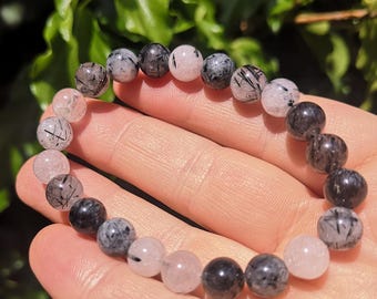 Rutilated Quartz Tourmaline Bead Bracelet - Tourmaline in Quartz 8mm Bead Bracelet - Black & White Rutile Tourmaline Quartz - Protection
