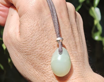Chrysoprase Necklace - Chrysoprase Tear Drop on Cotton Cord With Tibetan Silver  - RARE Green Gem Necklace - Heart Chakra Healing