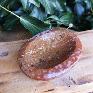 May include: A brown and white agate bowl with a swirling pattern. The bowl is oval shaped and has a smooth, polished finish.